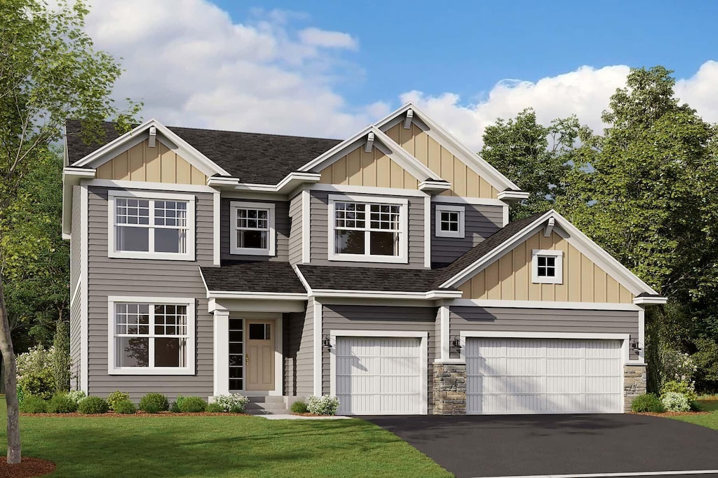 craftsman-style house with a garage, driveway, roof with shingles, a front lawn, and board and batten siding