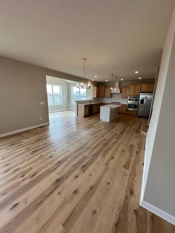 14403 107th Pl N, Maple Grove, MN 55369 - kitchen featuring custom exhaust hood, light wood finished floors, appliances with stainless steel finishes, and open floor plan