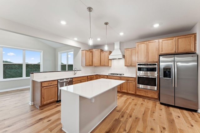 14403 107th Pl N, Maple Grove, MN 55369 - kitchen with light wood-style flooring, stainless steel appliances, custom range hood, a sink, and a peninsula