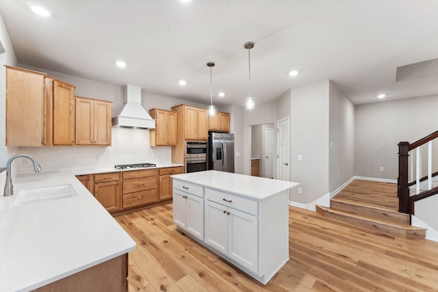 14403 107th Pl N, Maple Grove, MN 55369 - kitchen featuring custom range hood, stainless steel appliances, light wood-style flooring, decorative backsplash, and light countertops