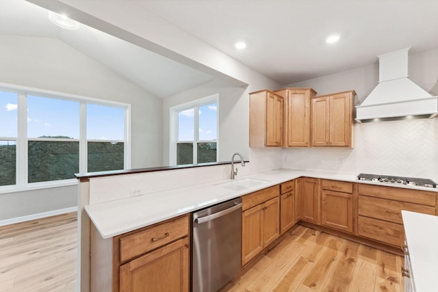 14403 107th Pl N, Maple Grove, MN 55369 - kitchen featuring stainless steel dishwasher, custom range hood, gas cooktop, light wood-type flooring, and vaulted ceiling