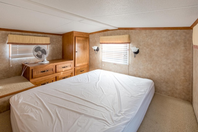 bedroom with lofted ceiling, a textured ceiling, and ornamental molding