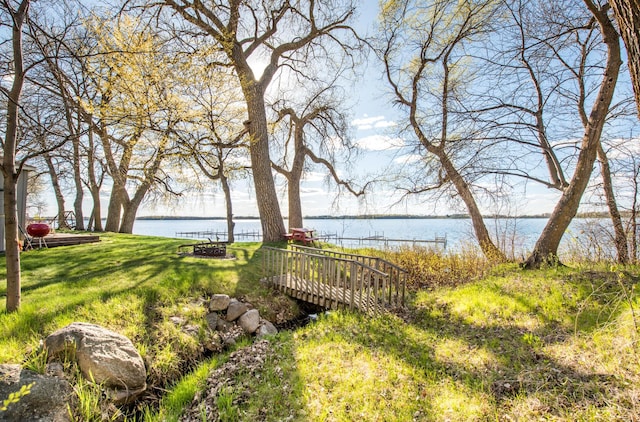 view of yard with a water view