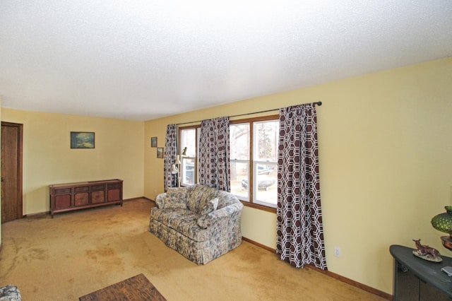 sitting room featuring a textured ceiling, baseboards, and carpet floors