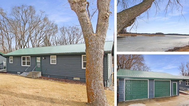 view of front facade featuring entry steps, metal roof, a garage, crawl space, and driveway