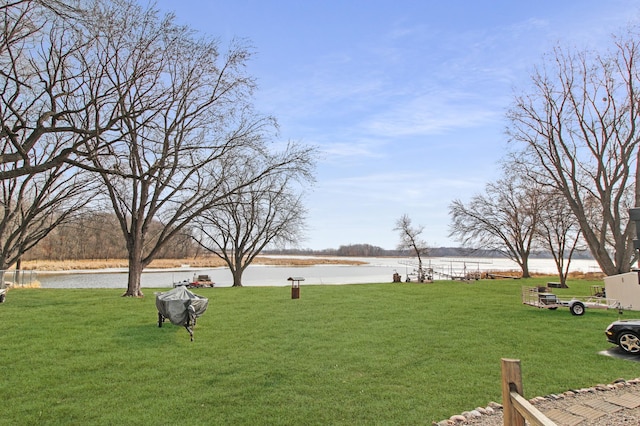 view of community with a yard and a water view