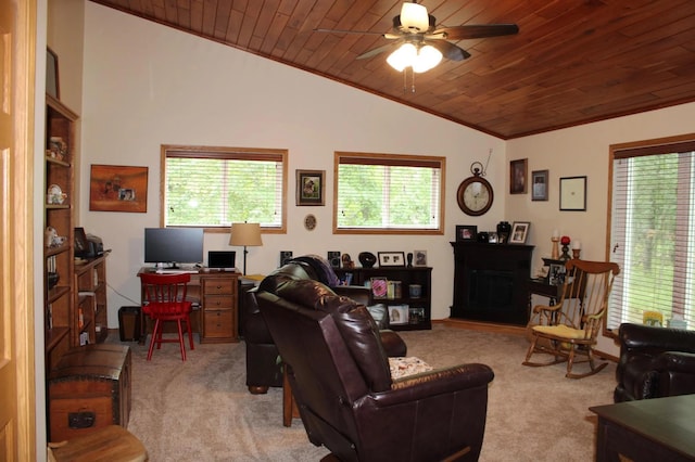 living area featuring wood ceiling, crown molding, vaulted ceiling, and carpet flooring