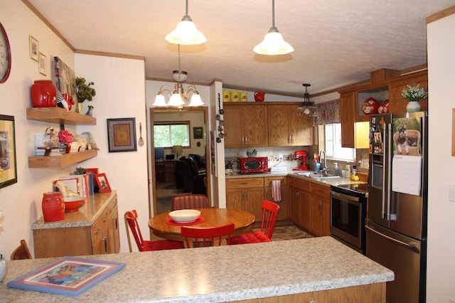 kitchen with open shelves, stainless steel appliances, light countertops, brown cabinetry, and a sink