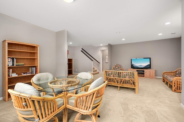 3595 Lemieux Cir, Eagan, MN 55122 - dining room featuring light colored carpet, stairs, recessed lighting, and baseboards