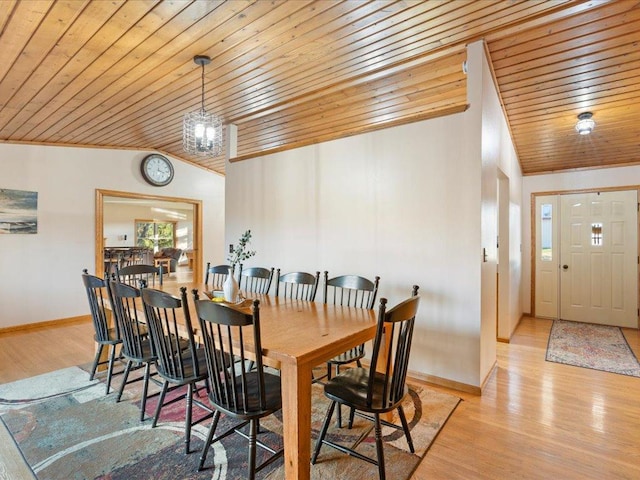 dining room with wood ceiling, vaulted ceiling, baseboards, and wood finished floors