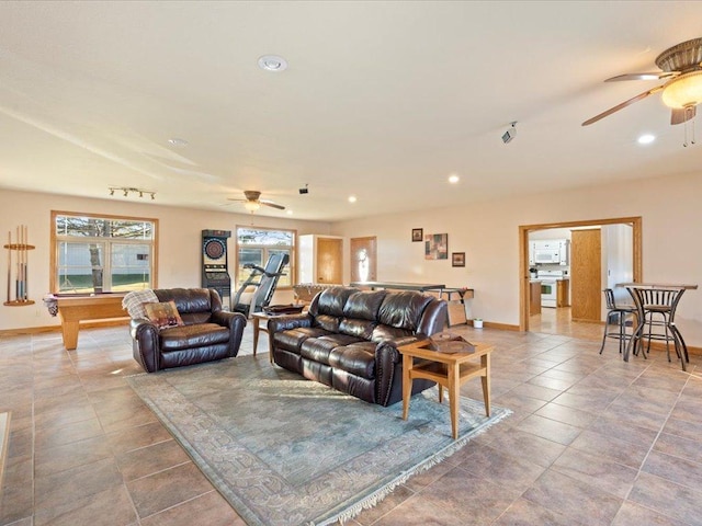 living room with recessed lighting, baseboards, a ceiling fan, and pool table