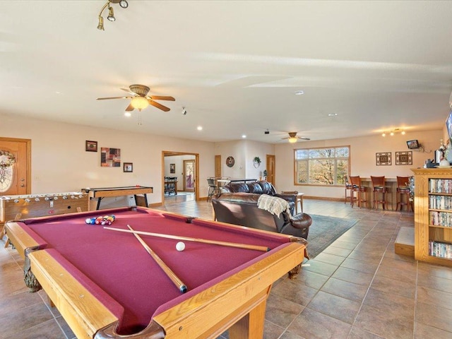 rec room featuring baseboards, pool table, a ceiling fan, and recessed lighting