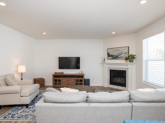 living area with a high end fireplace, baseboards, recessed lighting, and wood finished floors