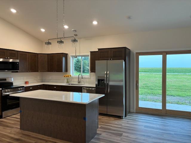 kitchen featuring a center island, stainless steel appliances, light wood-style floors, a sink, and dark brown cabinets