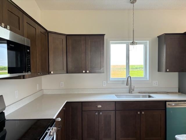 kitchen featuring appliances with stainless steel finishes, dark brown cabinets, a sink, and pendant lighting