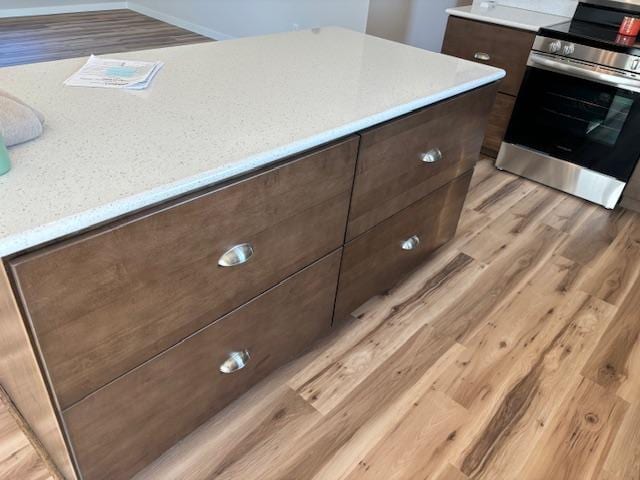 interior details featuring light wood finished floors, dark brown cabinets, electric range, and light countertops