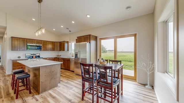619 6th St, West Concord, MN 55985 - kitchen featuring stainless steel appliances, a kitchen island, a sink, healthy amount of natural light, and lofted ceiling