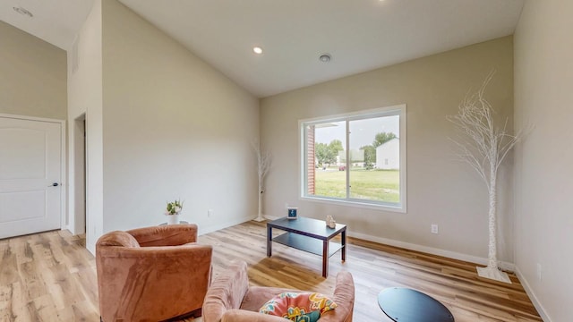 619 6th St, West Concord, MN 55985 - living room with light wood finished floors, baseboards, high vaulted ceiling, and recessed lighting