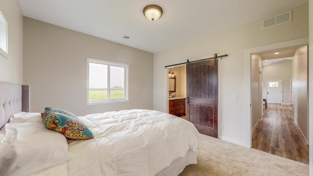 619 6th St, West Concord, MN 55985 - carpeted bedroom featuring a barn door, multiple windows, baseboards, and connected bathroom