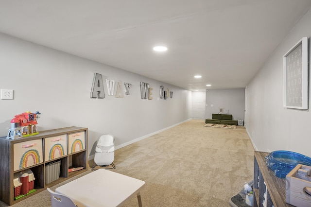 game room with recessed lighting, carpet, and baseboards