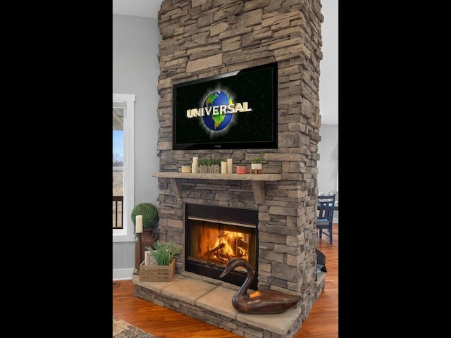 room details featuring a stone fireplace and wood finished floors