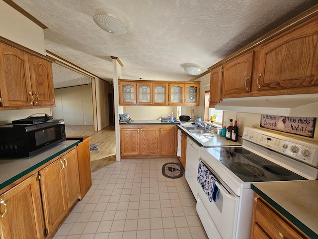 kitchen featuring white appliances, under cabinet range hood, brown cabinets, and a sink