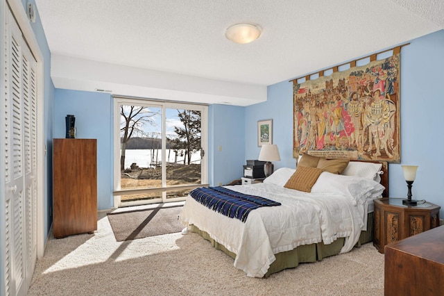 carpeted bedroom with access to outside and a textured ceiling