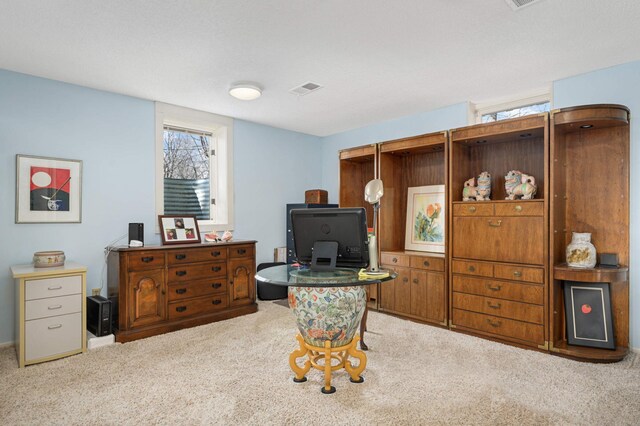 office area with carpet floors and visible vents