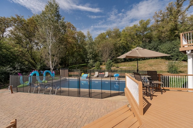 view of pool with a fenced in pool, a patio area, and fence