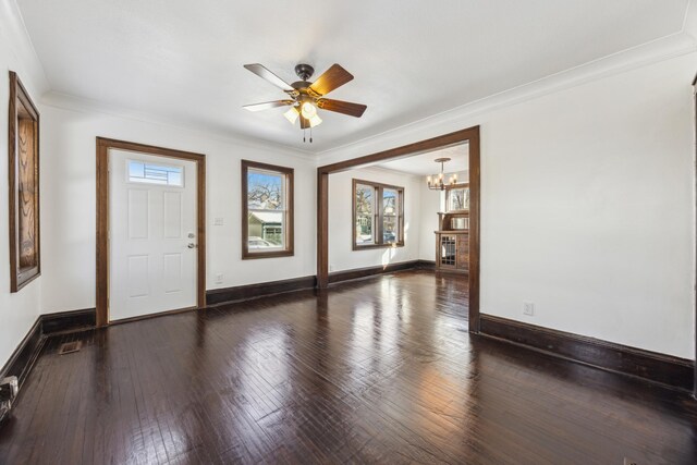 entrance foyer with a ceiling fan, wood-type flooring, crown molding, and baseboards