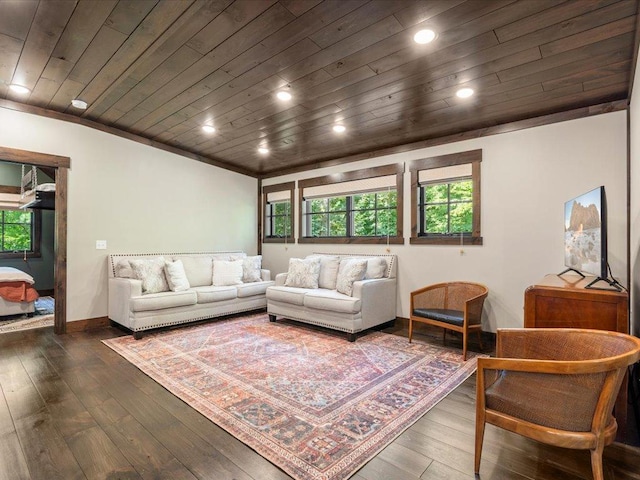 living room with hardwood / wood-style flooring, wood ceiling, baseboards, and recessed lighting