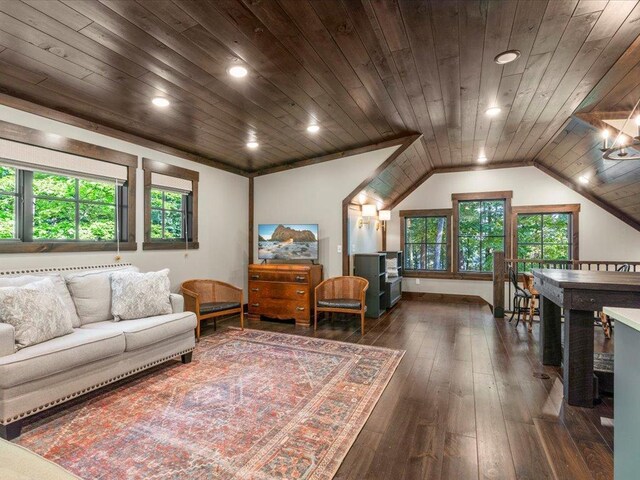 living room featuring dark wood-style floors, wooden ceiling, a healthy amount of sunlight, and vaulted ceiling