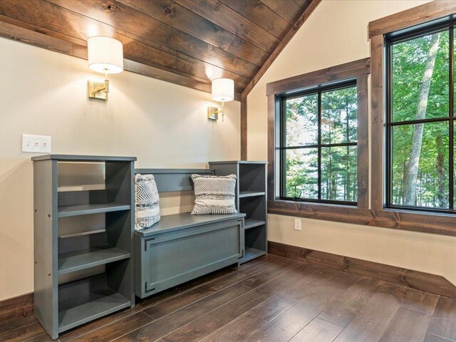 interior space featuring lofted ceiling, dark wood-style floors, baseboards, and wooden ceiling