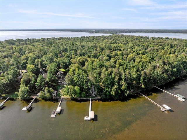 aerial view with a water view and a wooded view