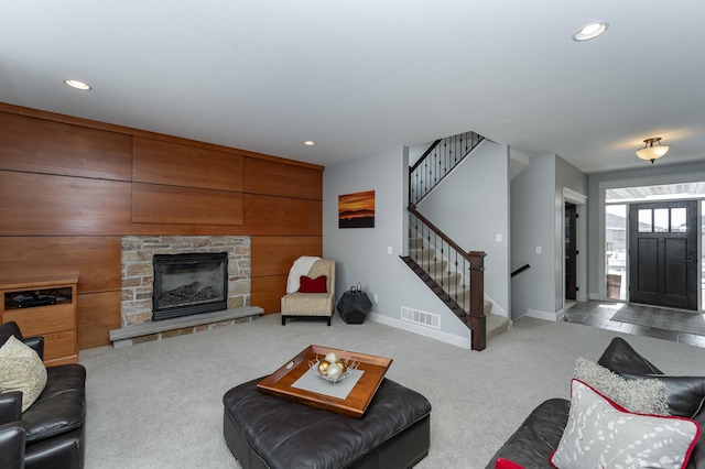 living area with stairs, carpet flooring, recessed lighting, and visible vents