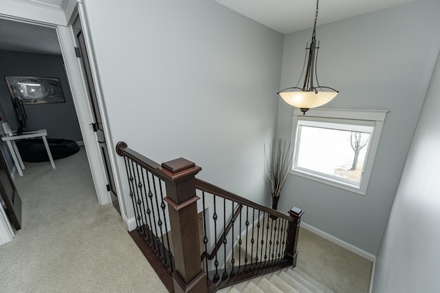 stairs featuring baseboards and carpet