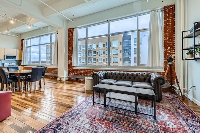 living area with hardwood / wood-style floors, plenty of natural light, rail lighting, and baseboards