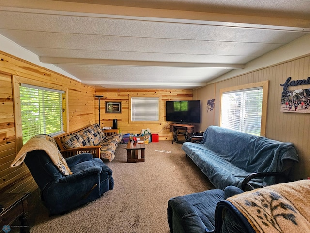 living room featuring beam ceiling, wood walls, a textured ceiling, and carpet floors