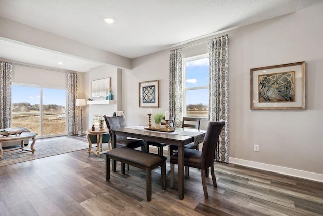 dining space featuring dark wood-style floors, beamed ceiling, baseboards, and a healthy amount of sunlight