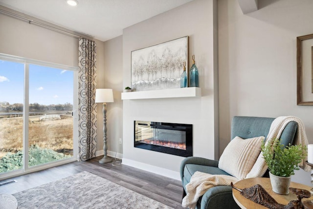 living area with baseboards, visible vents, wood finished floors, and a glass covered fireplace