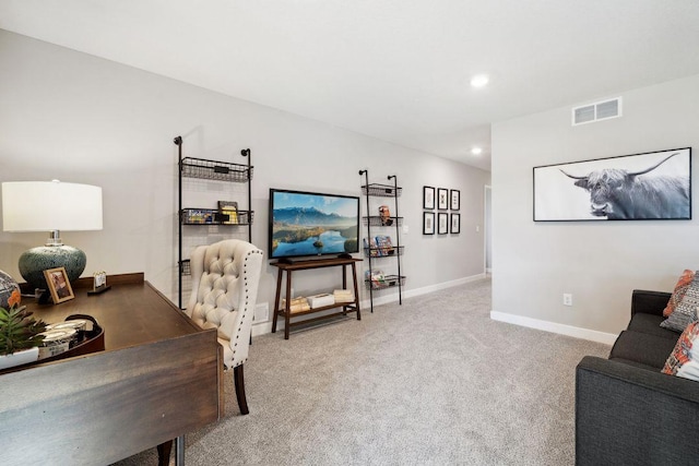 carpeted office featuring recessed lighting, visible vents, and baseboards