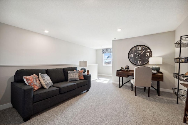 living area with recessed lighting, carpet flooring, and baseboards