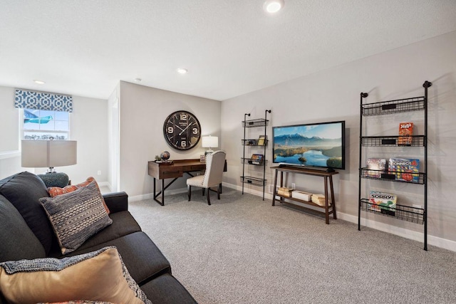 office with carpet, a textured ceiling, and baseboards