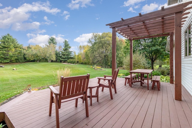 wooden terrace with a pergola and a yard