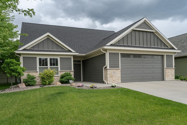 craftsman inspired home with an attached garage, stone siding, concrete driveway, board and batten siding, and a front yard