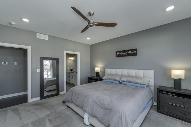 carpeted bedroom with baseboards, visible vents, a ceiling fan, and recessed lighting