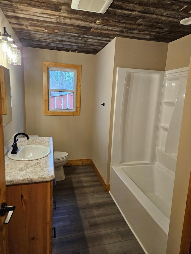 9806 County Road 144, Brainerd, MN 56401 - full bath featuring vanity, wood ceiling, toilet, and wood finished floors