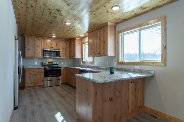 9806 County Road 144, Brainerd, MN 56401 - kitchen with light wood-style flooring, wooden ceiling, a peninsula, and stainless steel appliances