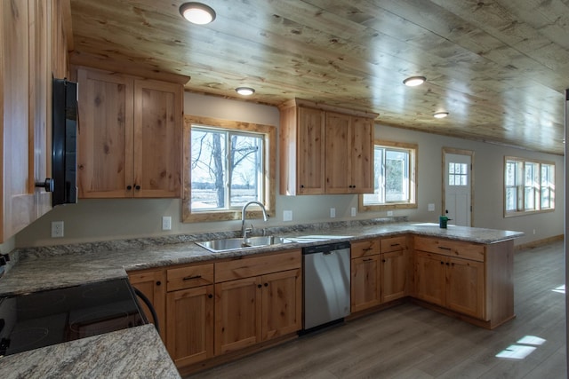 9806 County Road 144, Brainerd, MN 56401 - kitchen with dishwasher, a sink, a peninsula, light wood finished floors, and electric range