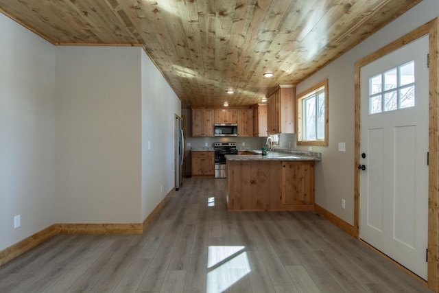9806 County Road 144, Brainerd, MN 56401 - kitchen featuring light wood-style flooring, appliances with stainless steel finishes, a peninsula, and wood ceiling